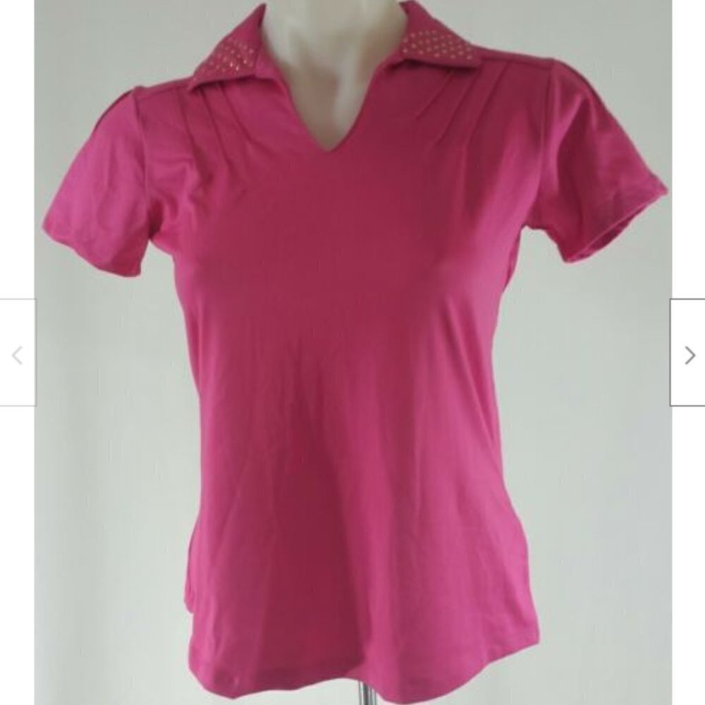 Bette & Court Top Pink Bedazzled V Neck Collared